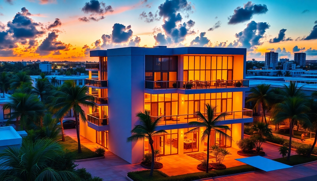 View of https://789f.miami/ featuring a stylish Miami property with lush landscaping and vibrant sunset sky for engaging visual appeal.