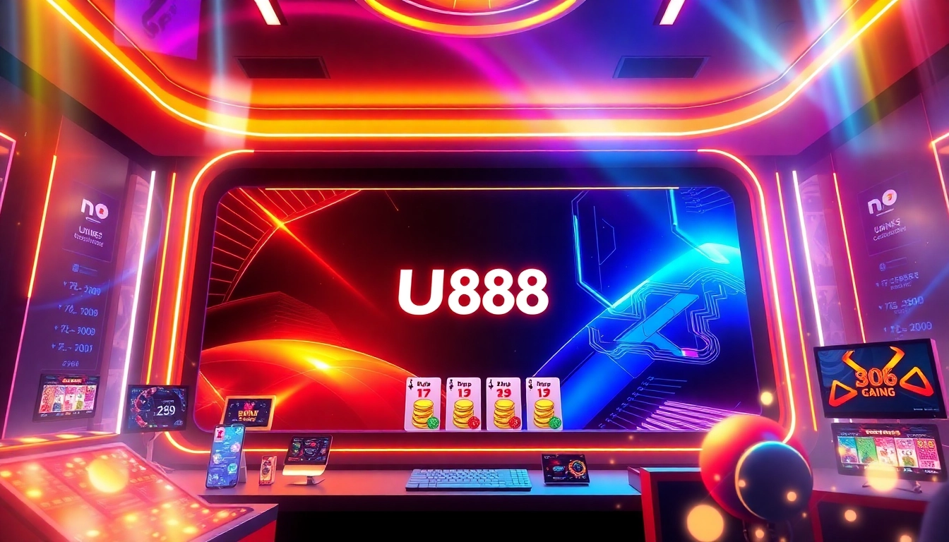 Active scene of UU88 online casino platform with engaging gaming visuals and bright neon accents for user attraction