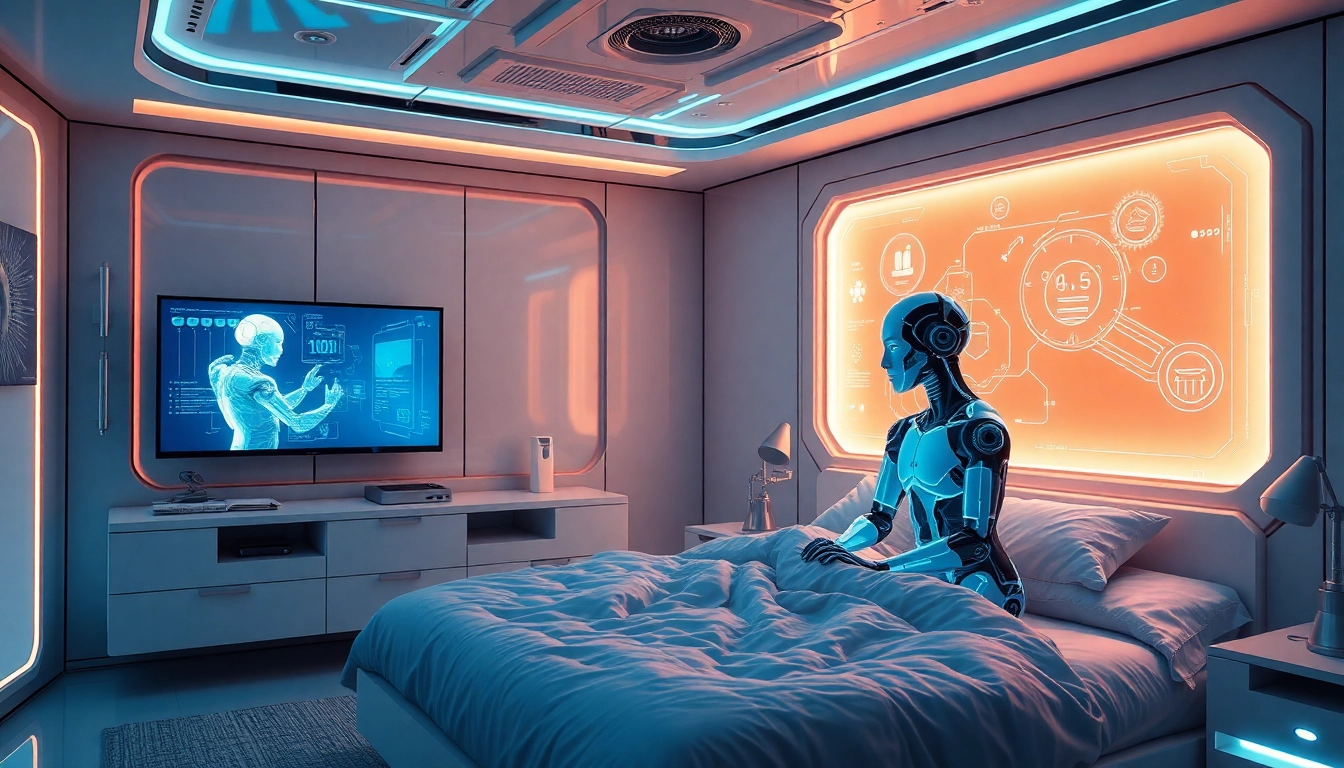 Ai sex illustration showing a realistic digital humanoid in a modern setting, emphasizing intimacy and advanced technology for user engagement.