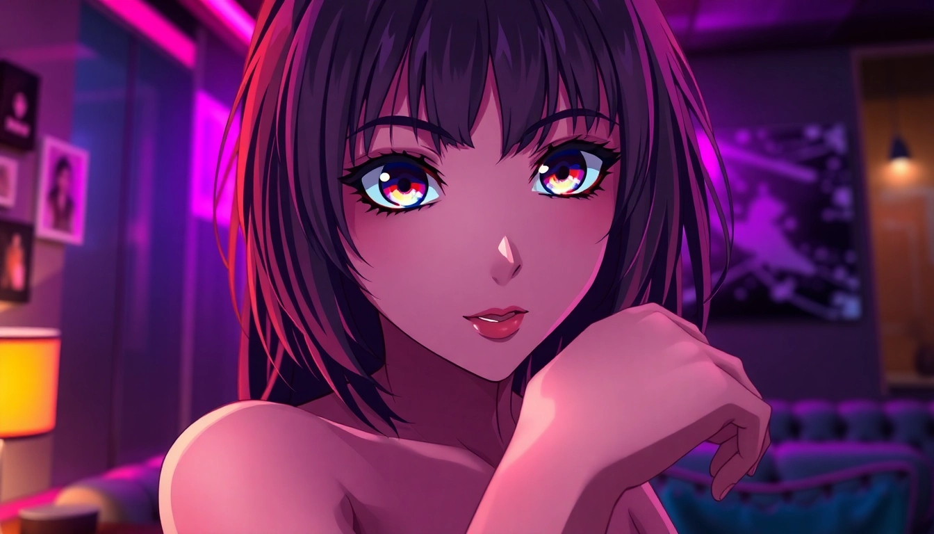 Anime-style female character with vibrant hair and seductive expression in a neon-lit room.