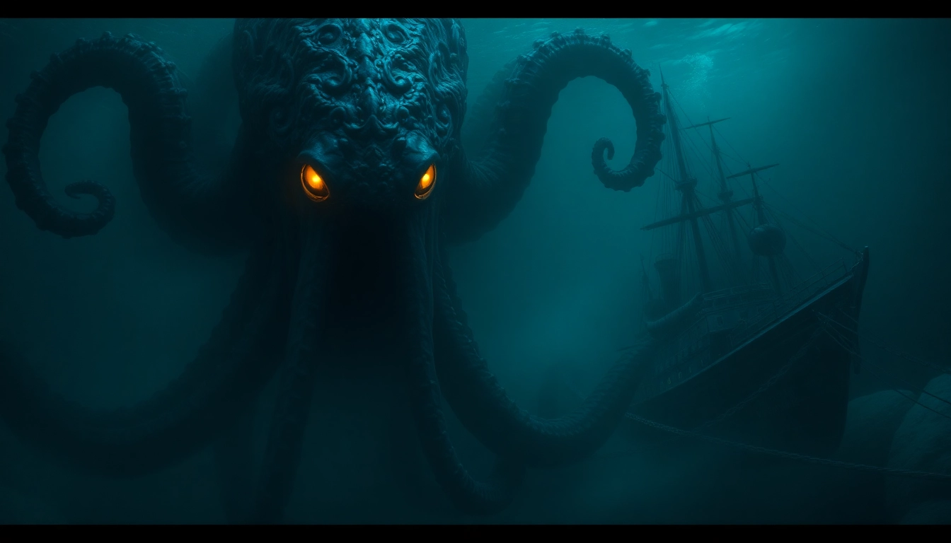 Majestic kraken embracing a sinking ship with glowing eyes and sprawling tentacles deep in the ocean