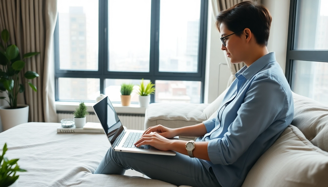 A freelancer exploring local freelance opportunities in a modern workspace with city view and